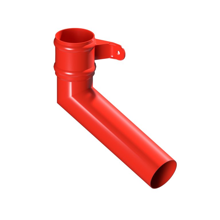 Right-hand aluminium long tailed elbow with 300mm projection and cast eared collar