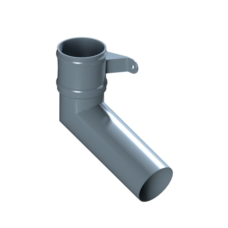 Right-hand aluminium long tailed elbow with 300mm projection and cast eared collar