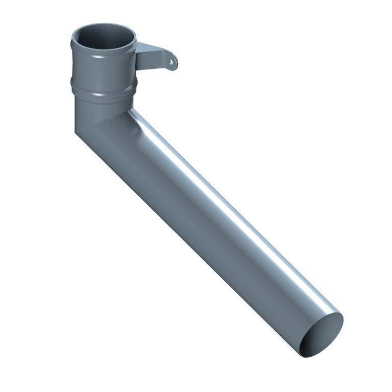 Right-hand aluminium long tailed elbow with 600mm projection and cast eared collar